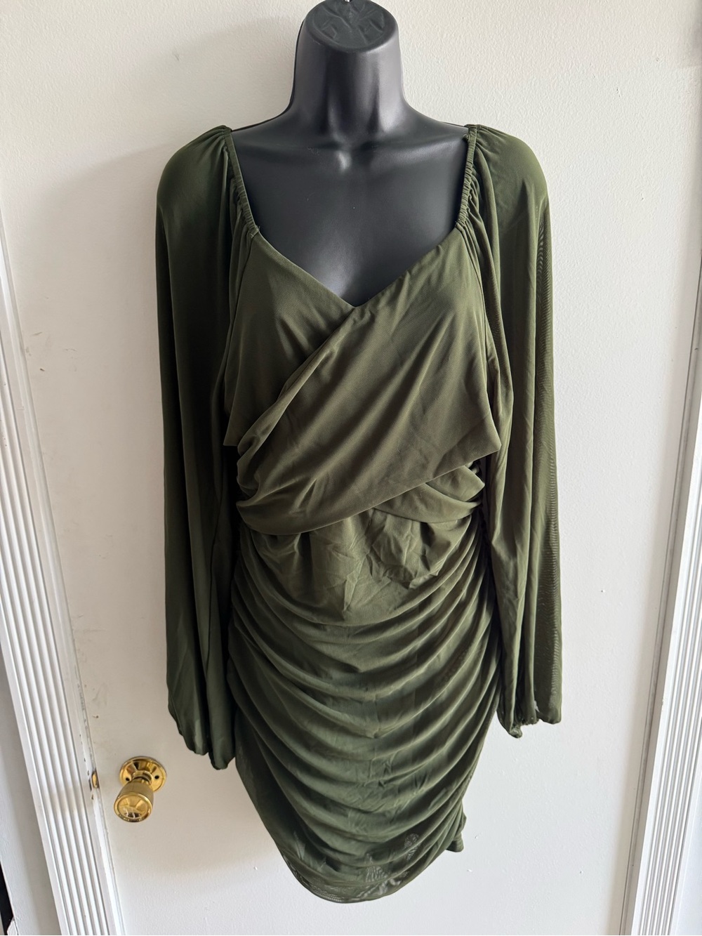 Ruched Olive Green Long Sleeve Women's Dress